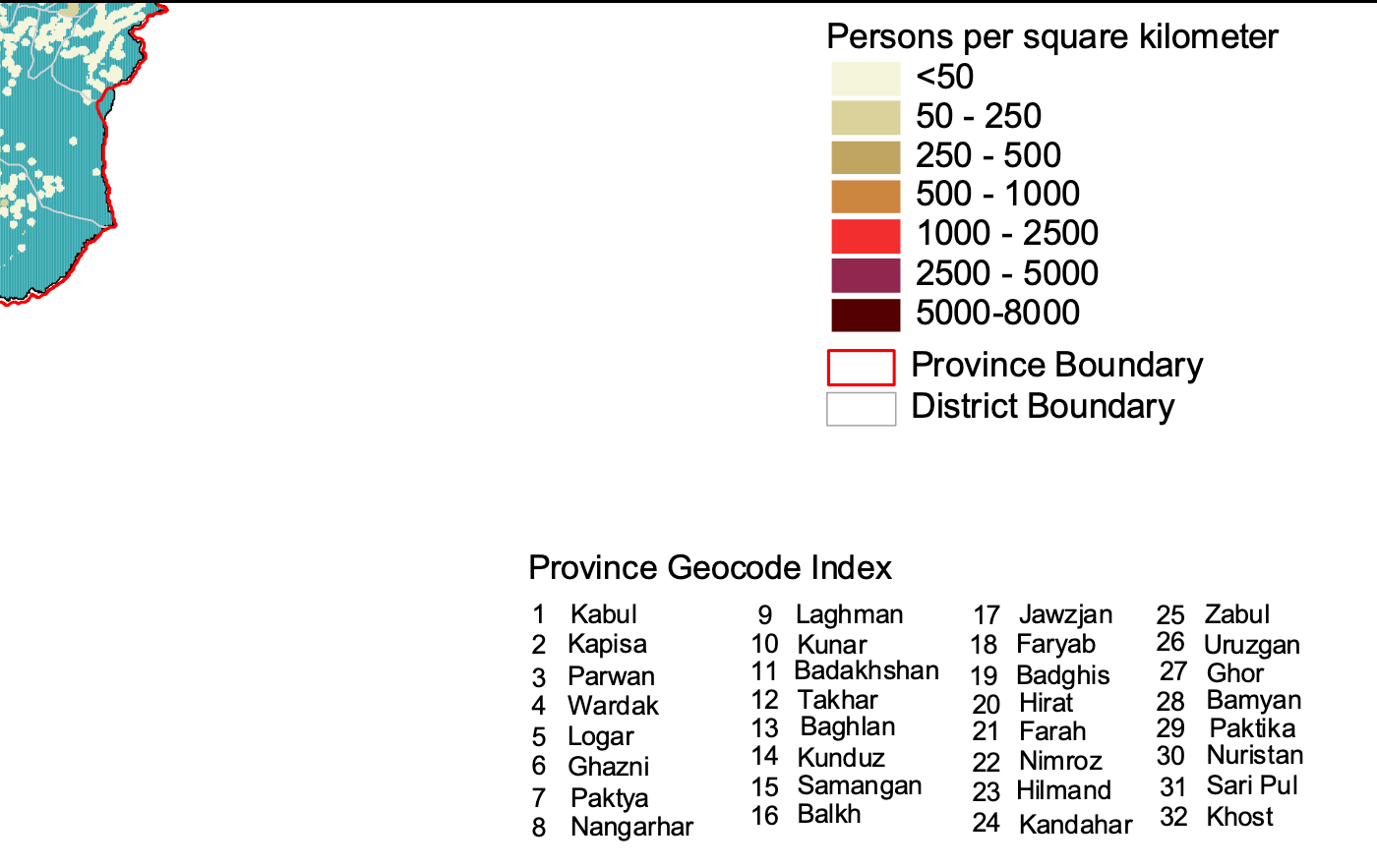 Afghanistan Map - Population Density 2002